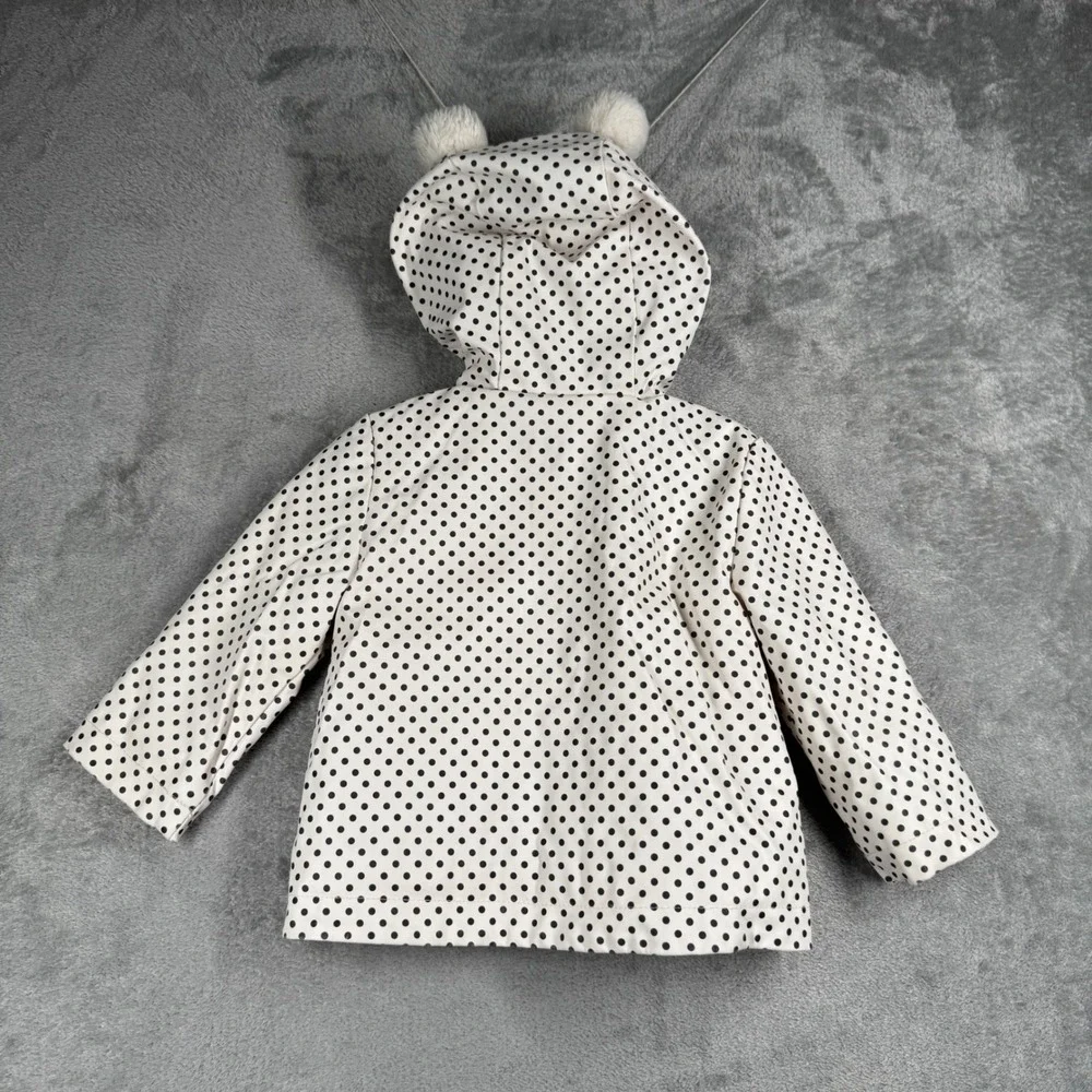 C&C California‎ Kids Rain Jacket 12M White Black Polka Dot Pompom Hooded Coat